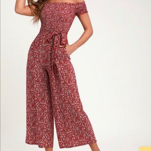 Lulu’s Behold Red Floral Print Off-the-Shoulder Jumpsuit XS
